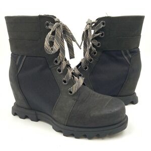 Sorel Black Leather Wedge Heel Lace Up Ankle Boots Women's